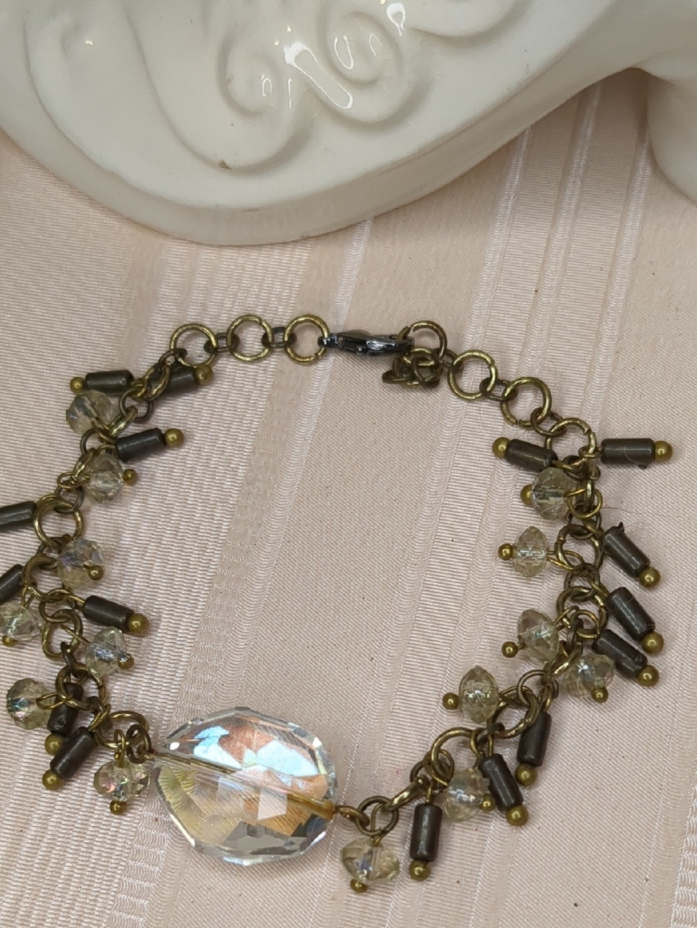 3/$15 Boho Fringe Beaded Bracelet Gold-Tone Large Clear Faceted Crystal
